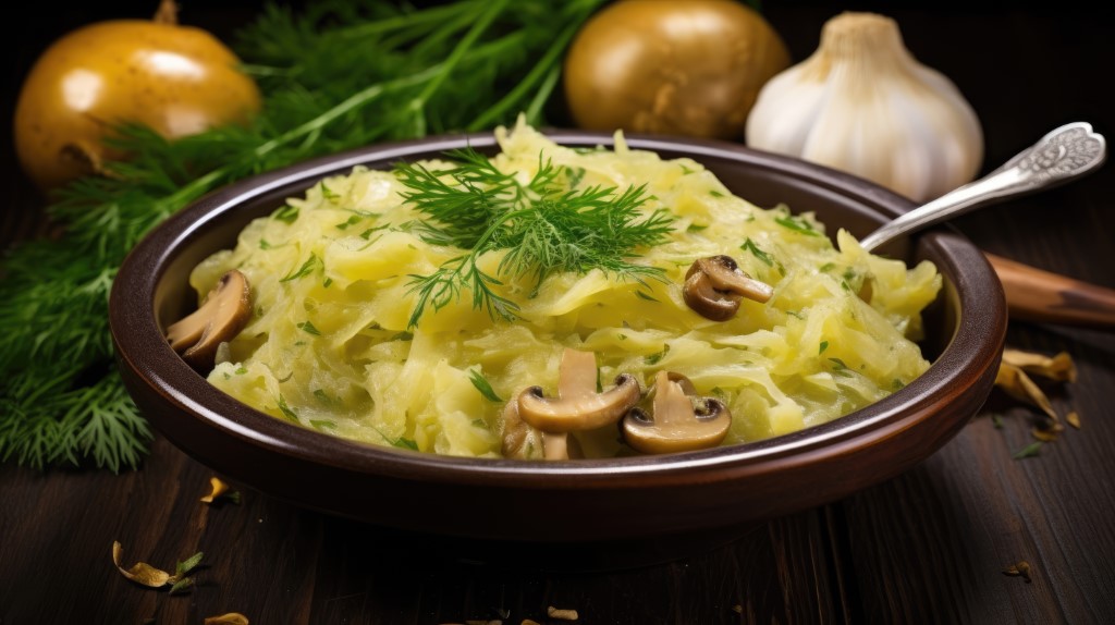 Traditional Czech Dish Of Sauerkraut With Potatoes And Mushrooms